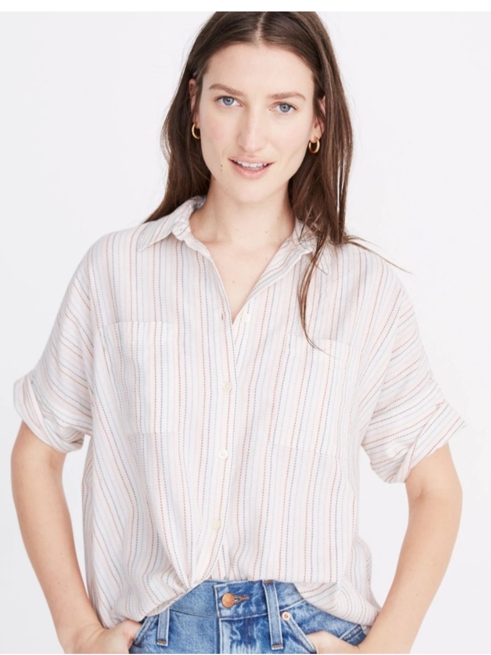Madewell courier multicolor stitch Stripe Button down top shirt xs boxy slouchy